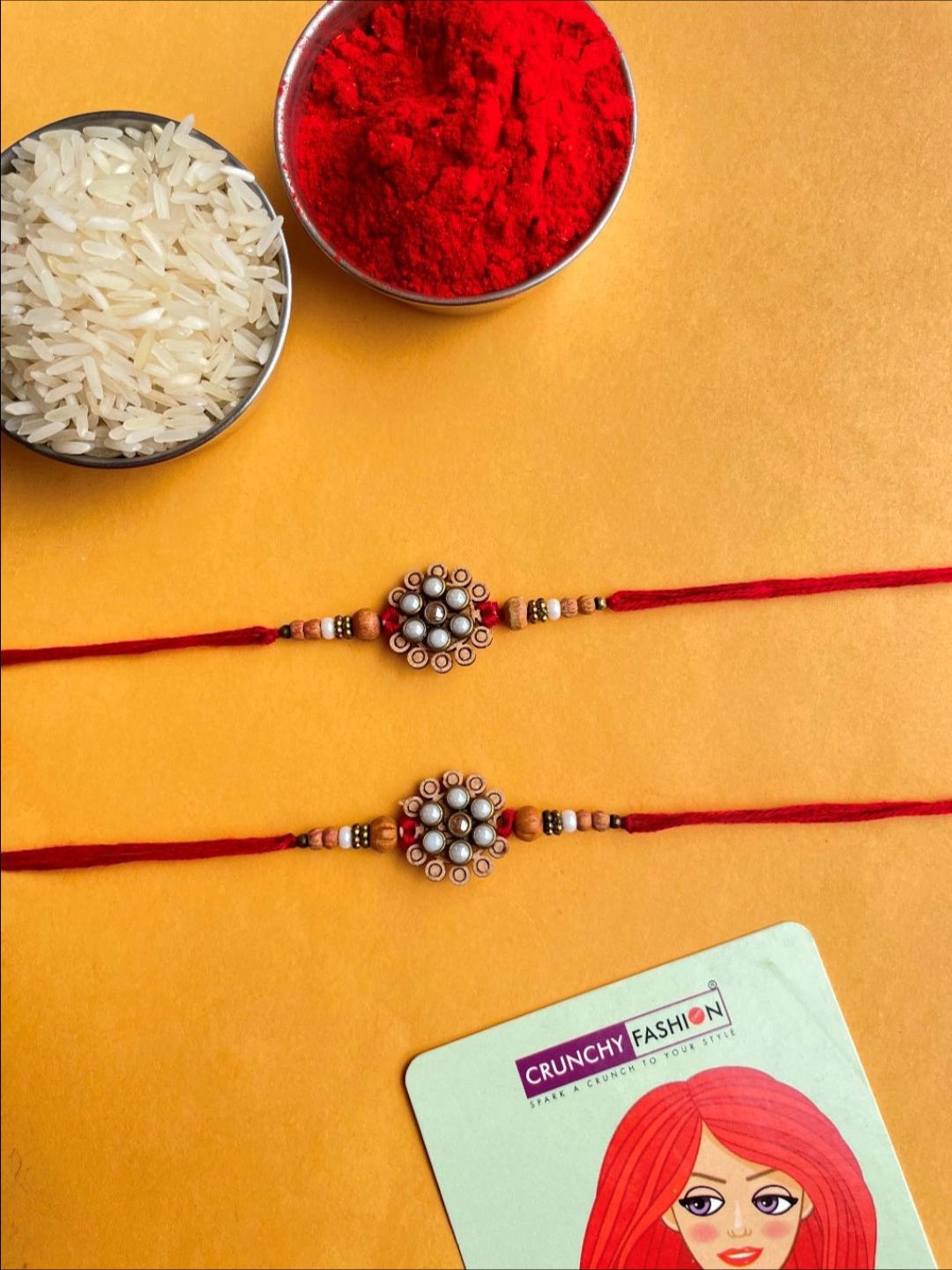 

Crunchy Fashion Set Of 2 Crystal Studded Floral Rakhi With Roli Chawal, Red