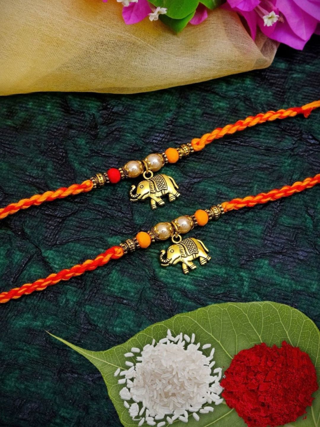 

Crunchy Fashion Set Of 2 Elephant Charm Oxidized Thread Rakhi With Roli Chawal, Gold