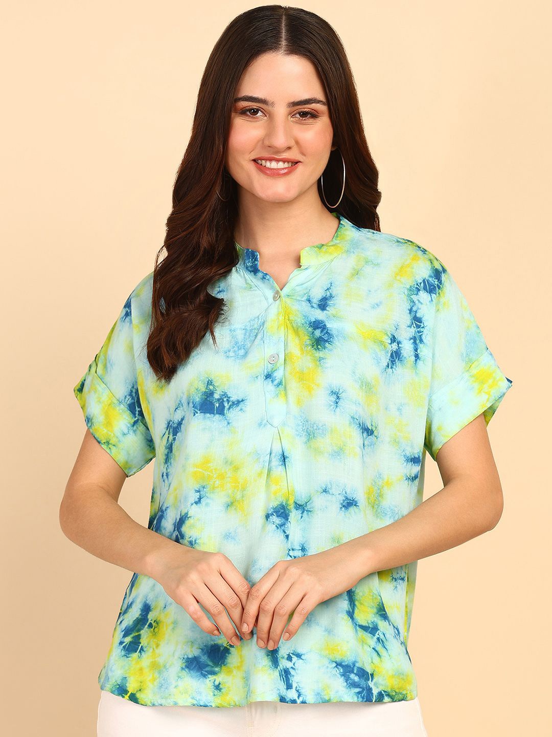 

Maaesa Dyed Tie and Dye Mandarin Collar Shirt Style Top, Blue