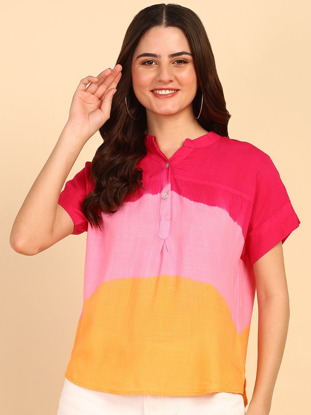 

Maaesa Women Colourblocked Tie and Dye Mandarin Collar Shirt Style Top, Pink