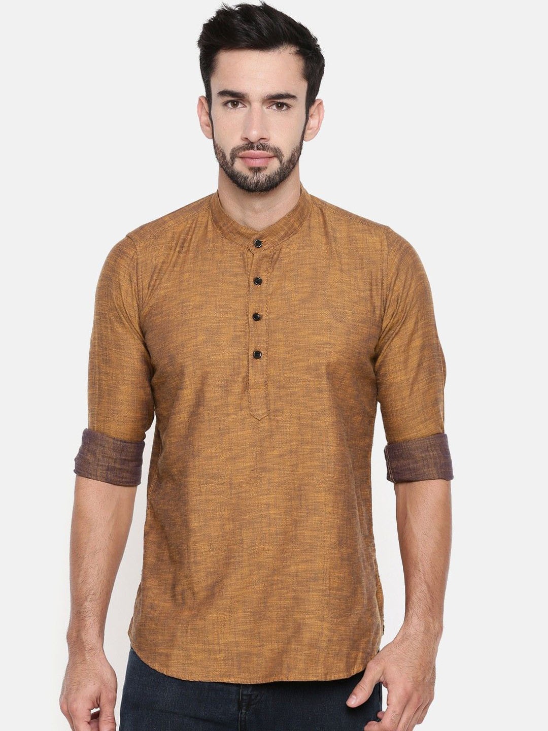 

Cross Court Woven Design Mandarin Collar Cotton Straight Kurta, Brown