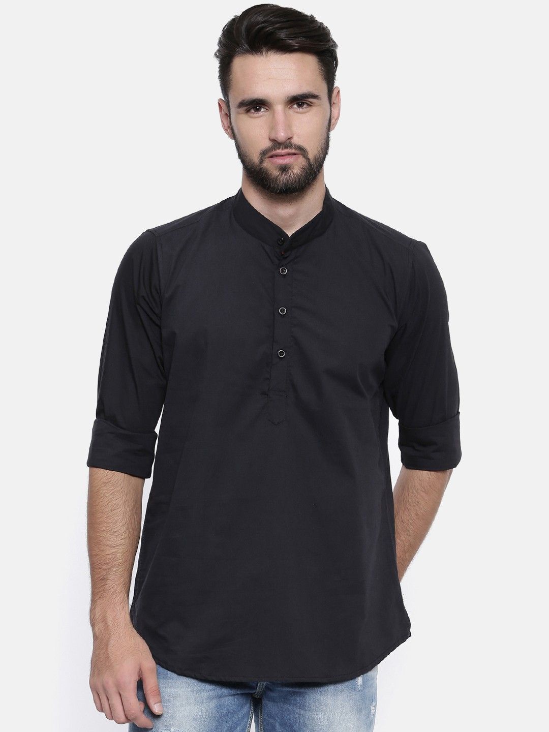 

Cross Court Mandarin Collar Cotton Straight Kurta, Black