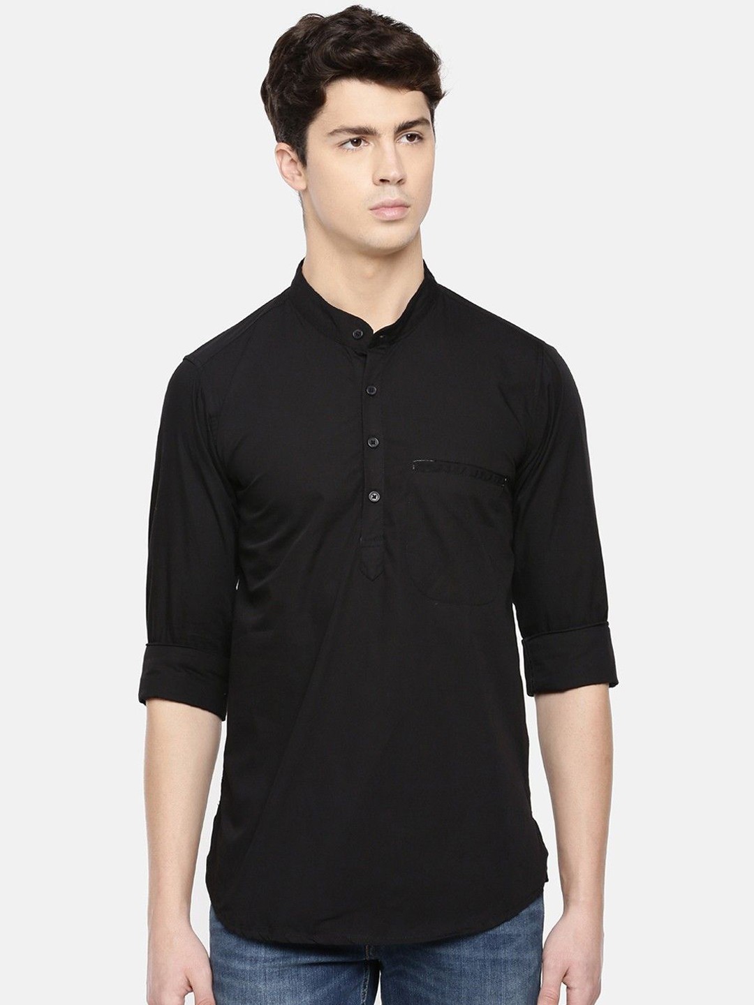 

Cross Court Mandarin Collar Cotton Straight Kurta, Black