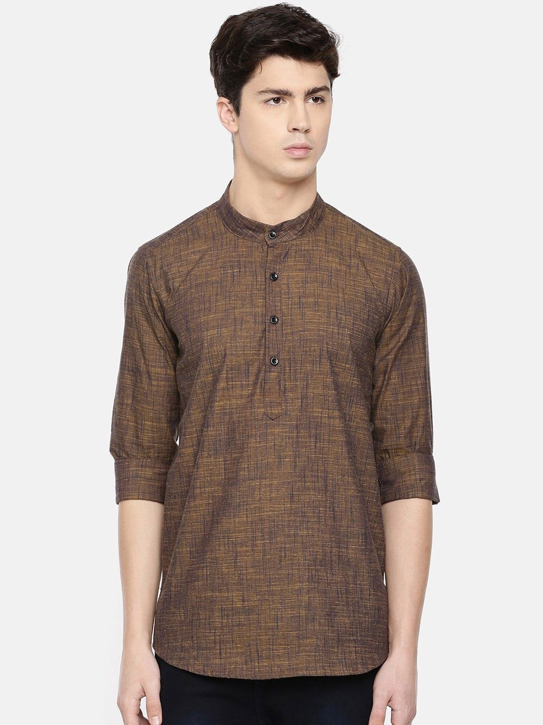 

Cross Court Woven Design Mandarin Collar Cotton Straight Kurta, Brown