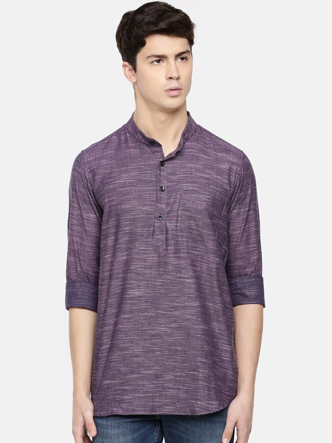 

Cross Court Woven Design Mandarin Collar Cotton Straight Kurta, Purple