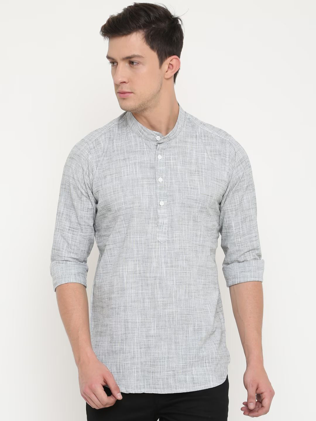 

Cross Court Woven Design Mandarin Collar Cotton Straight Kurta, Grey