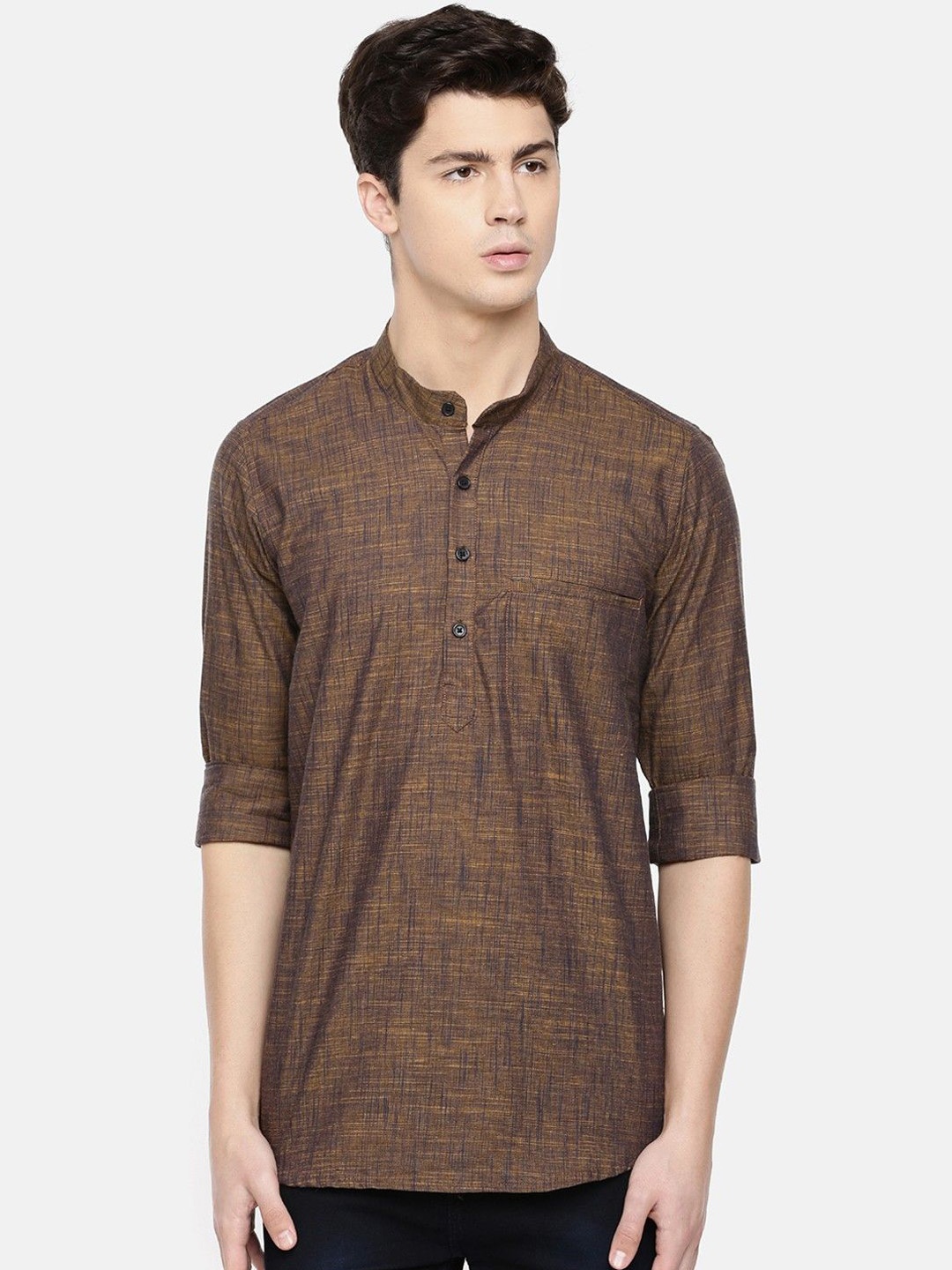 

Cross Court Woven Design Mandarin Collar Cotton Straight Kurta, Brown