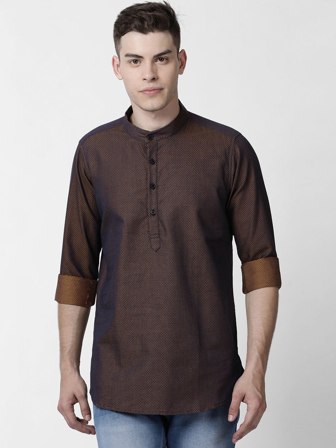 

Cross Court Geometric Woven Design Mandarin Collar Cotton Straight Kurta, Brown