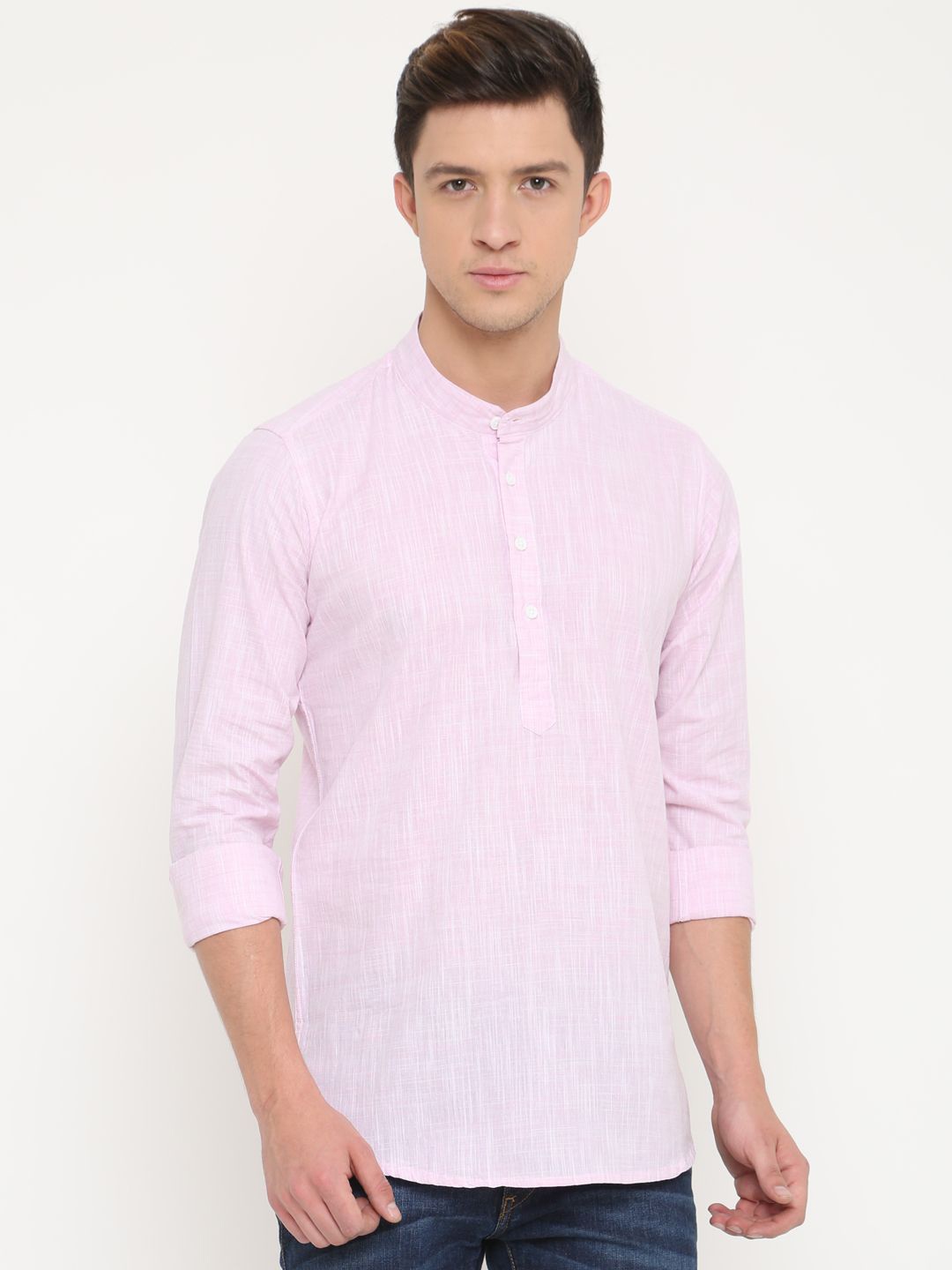 

Cross Court Woven Design Mandarin Collar Cotton Straight Kurta, Pink