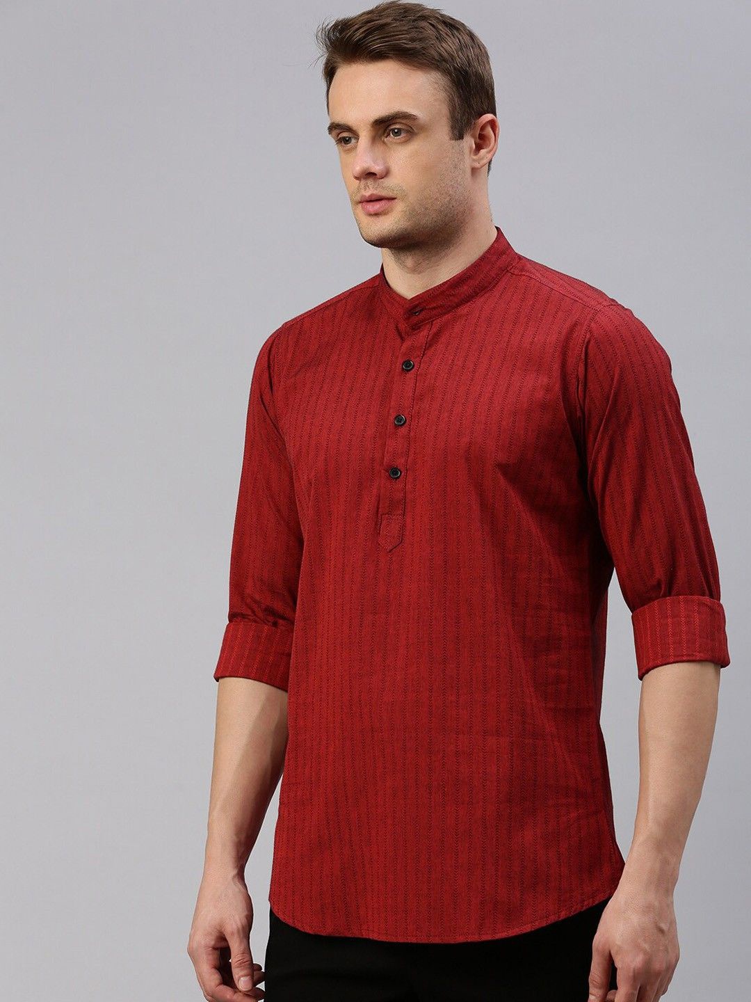 

Cross Court Striped Woven Design Mandarin Collar Pure Cotton Straight Kurta, Red