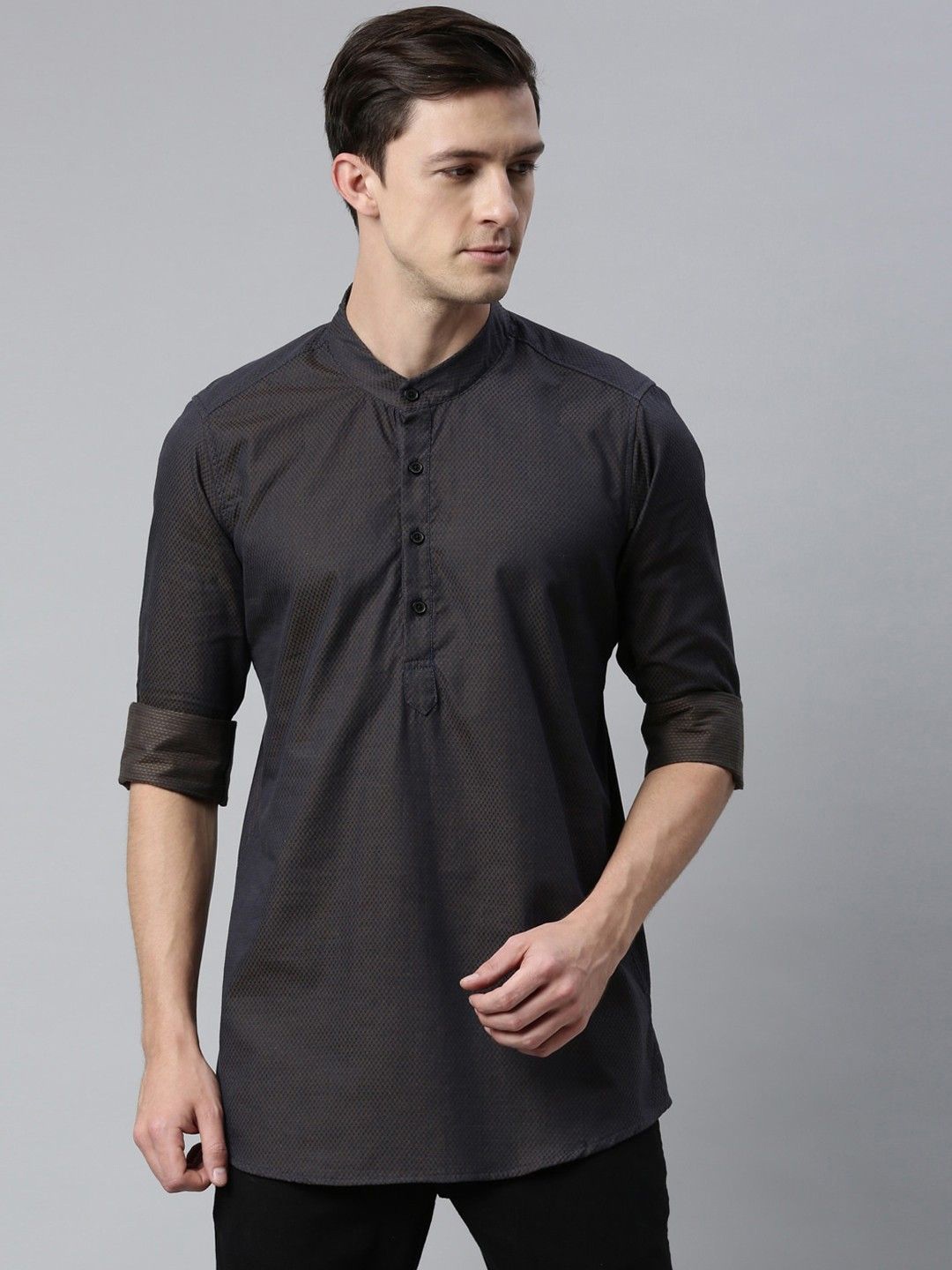 

Cross Court Geometric Woven Design Mandarin Collar Cotton Straight Kurta, Brown