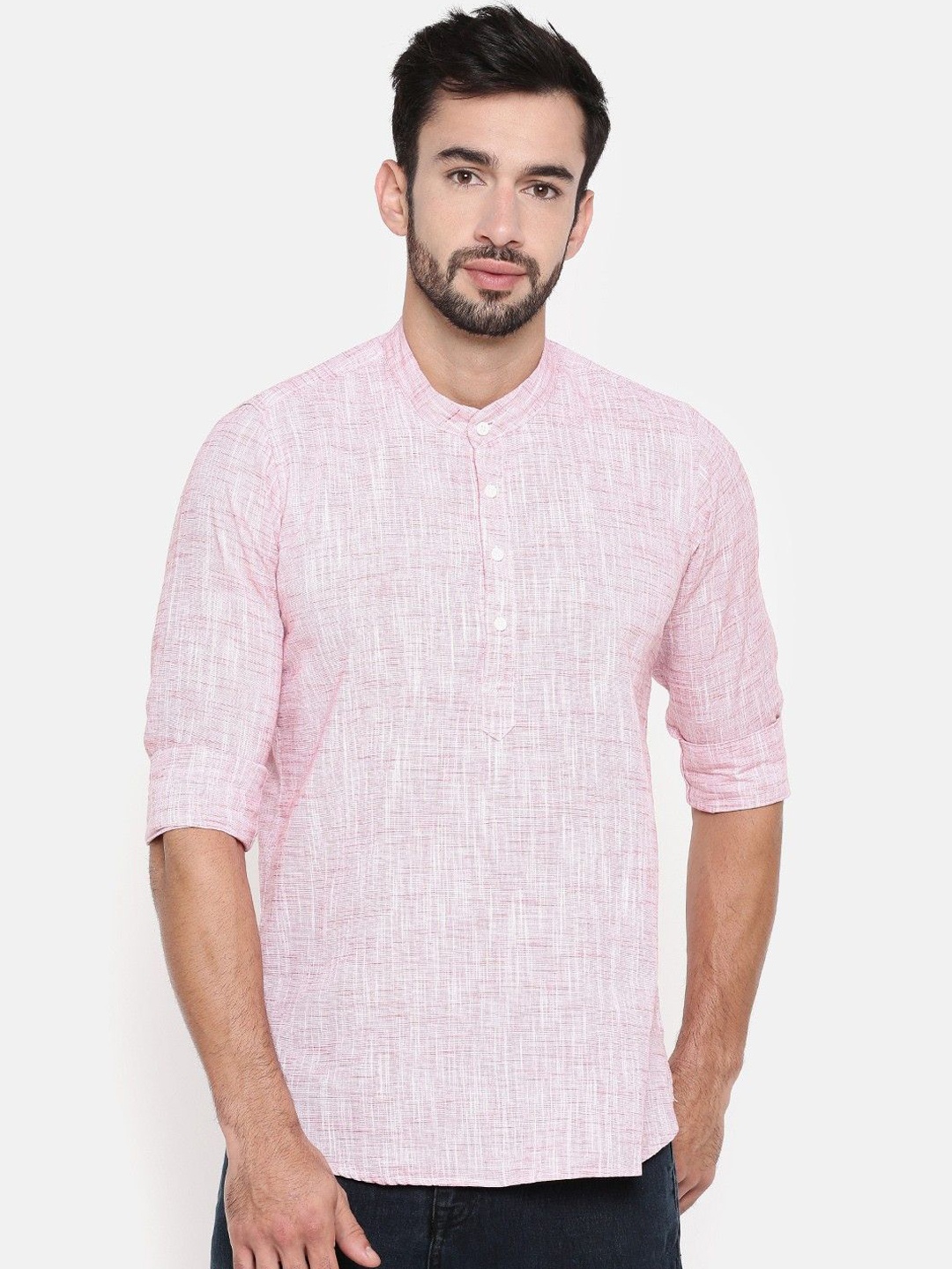 

Cross Court Woven Design Mandarin Collar Cotton Straight Kurta, Pink