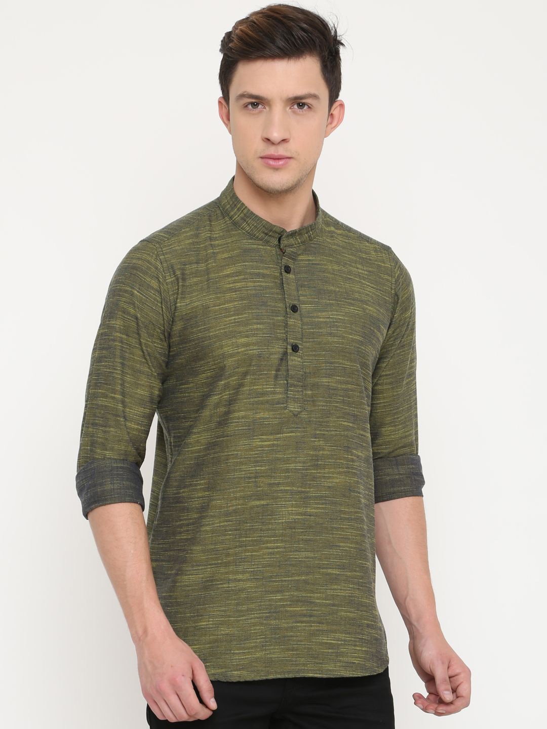 

Cross Court Woven Design Mandarin Collar Cotton Straight Kurta, Green