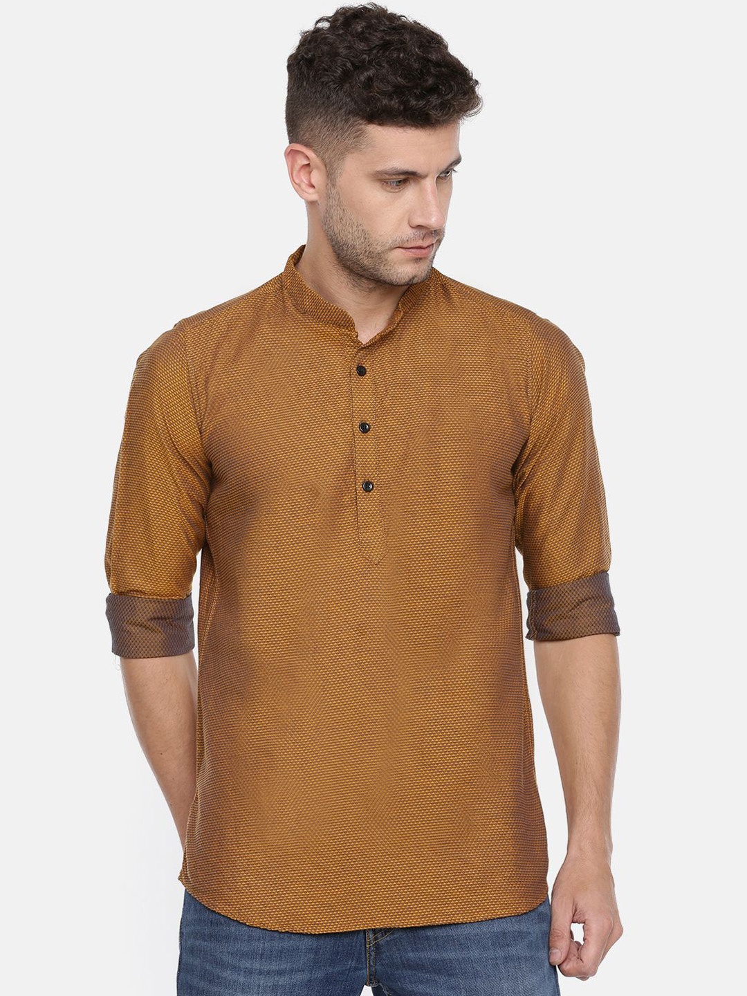 

Cross Court Geometric Woven Design Mandarin Collar Cotton Straight Kurta, Gold