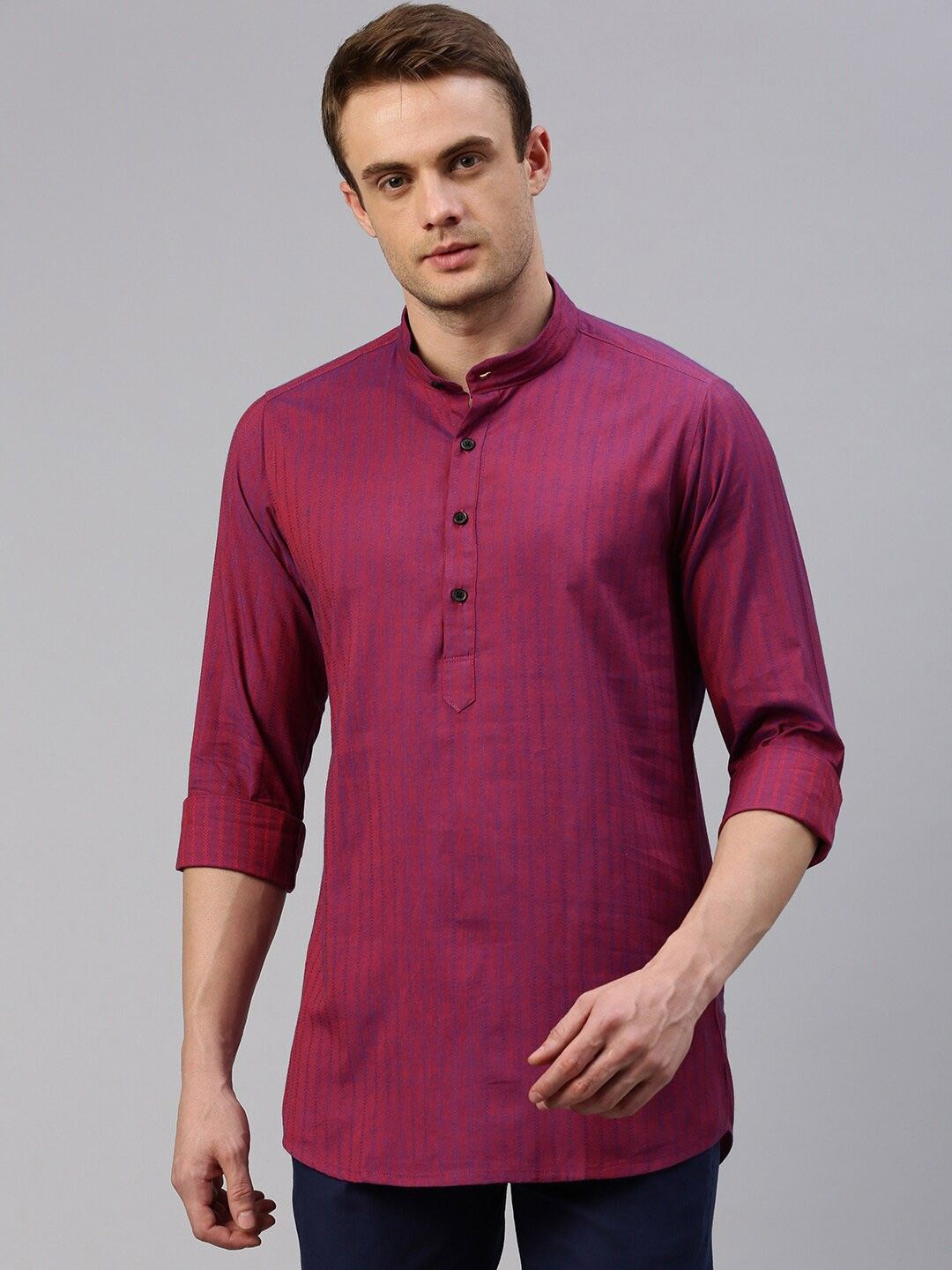 

Cross Court Vertical Striped Woven Design Mandarin Collar Pure Cotton Straight Kurta, Magenta