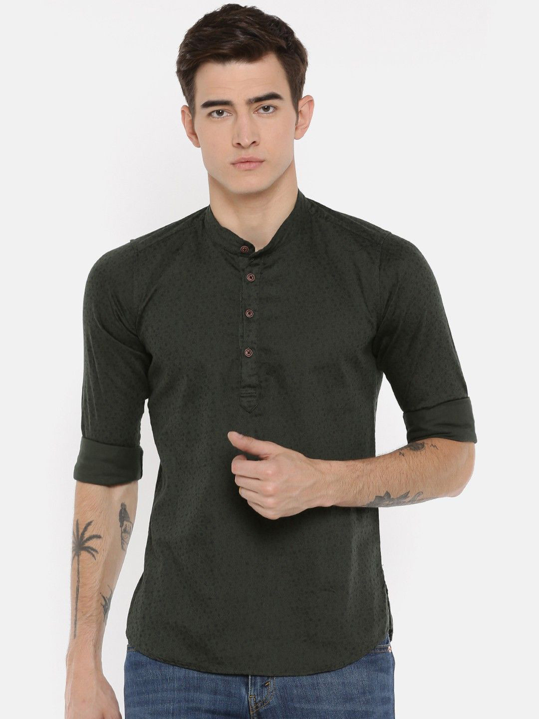 

Cross Court Floral Printed Mandarin Collar Cotton Straight Kurta, Green
