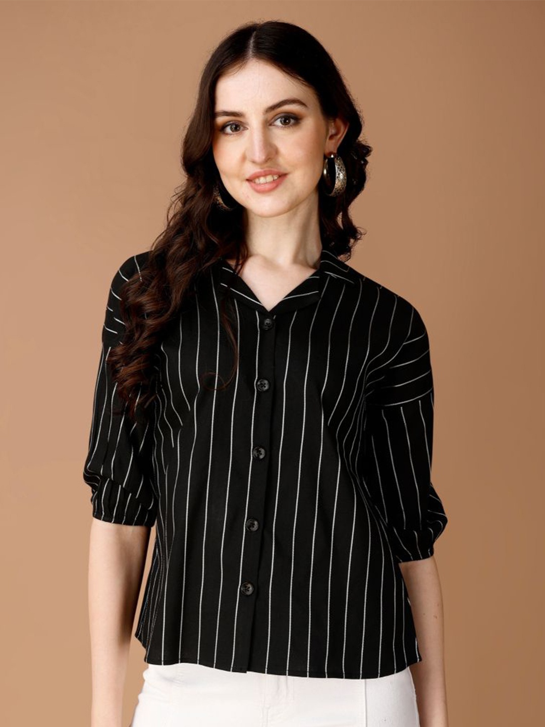 

TextileNow Striped Cotton Shirt Style Top, White