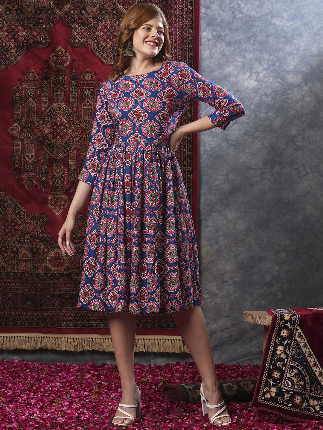 

KALINI Floral Printed Round Neck Gathered Fit & Flare Ethnic Dress, Blue