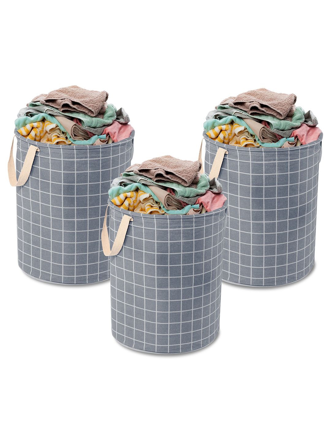 

Kuber Industries Dark Grey 3 Pieces Checked Cotton Round Laundry Bag