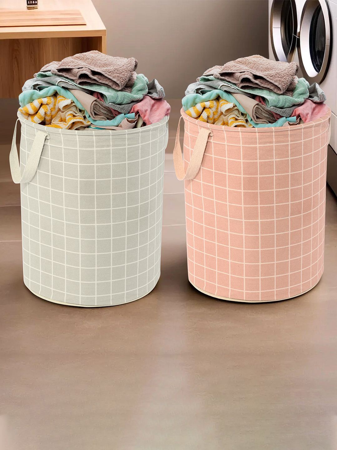 

Kuber Industries Grey & Brown 2 Pieces Printed Cotton Round Laundry Bag
