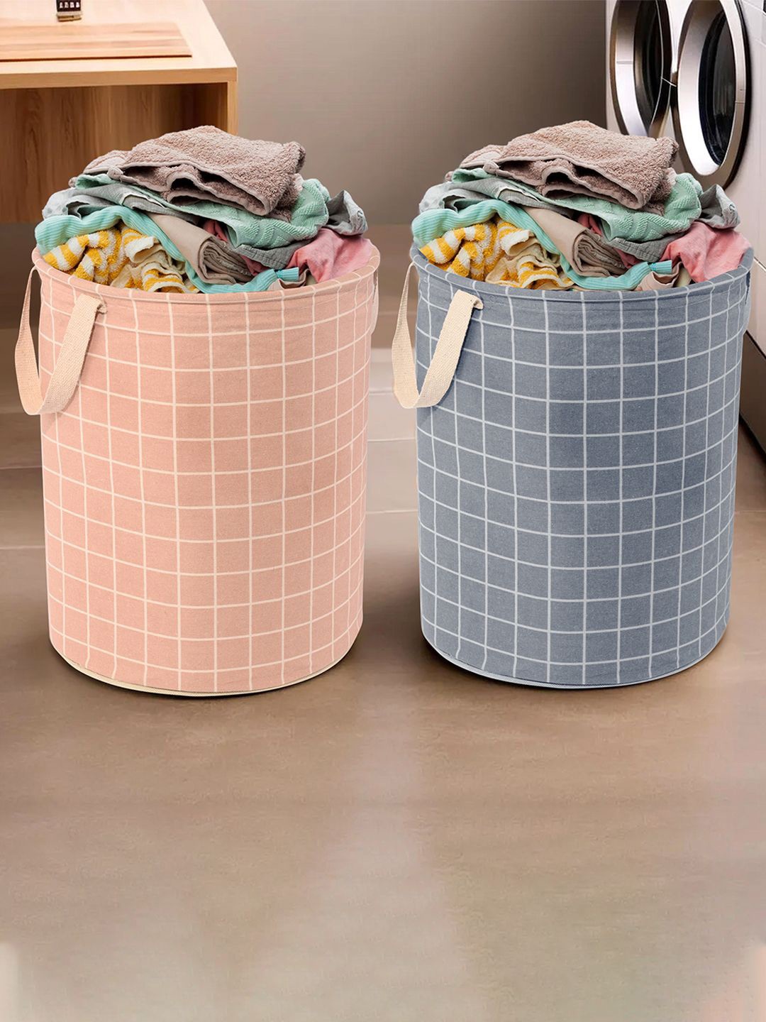 

Kuber Industries Grey & Pink 2 Pieces Checked Cotton Round Laundry Bag