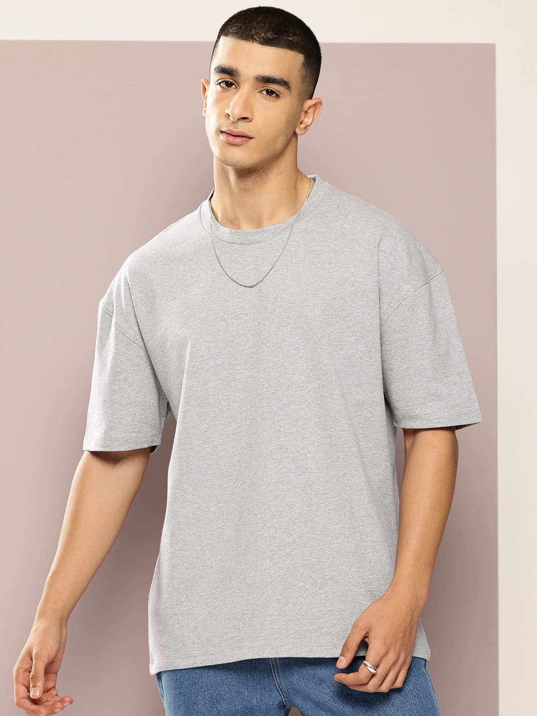 

Kook N Keech Men Drop-Shoulder Sleeves Pure Cotton T-shirt, Grey melange