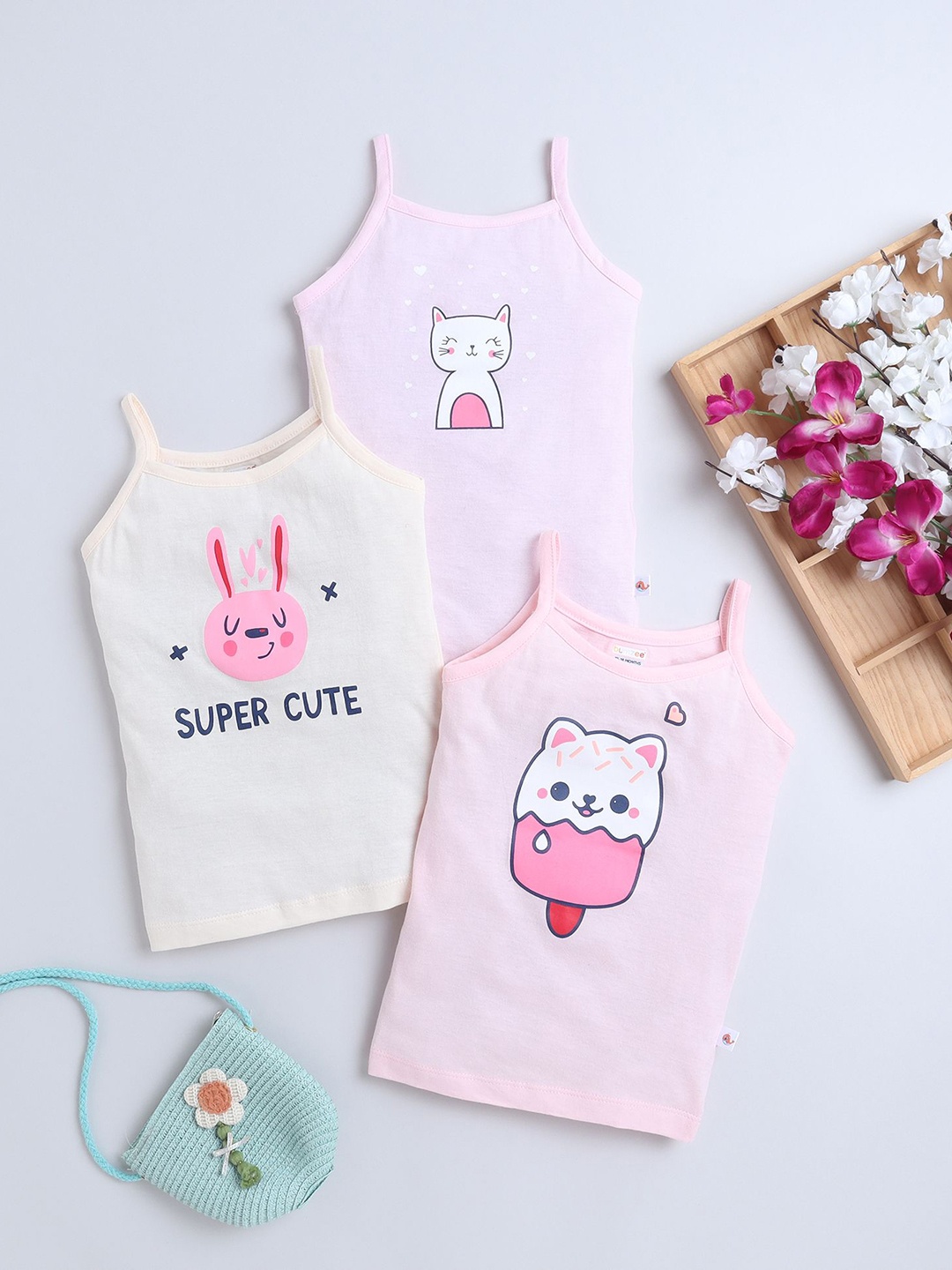 

BUMZEE Infant Girls Pack Of 3 Printed Cotton Camisoles, Peach