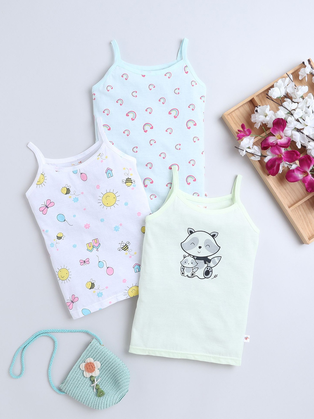 

BUMZEE Infant Girls Pack Of 3 Printed Cotton Camisoles, Blue