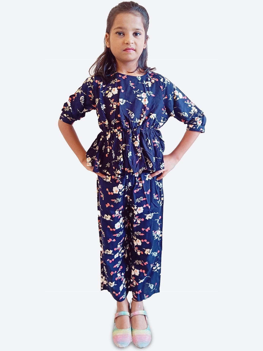 

ShilpShakti Girls Floral Printed Pure Cotton Top with Trousers, Navy blue