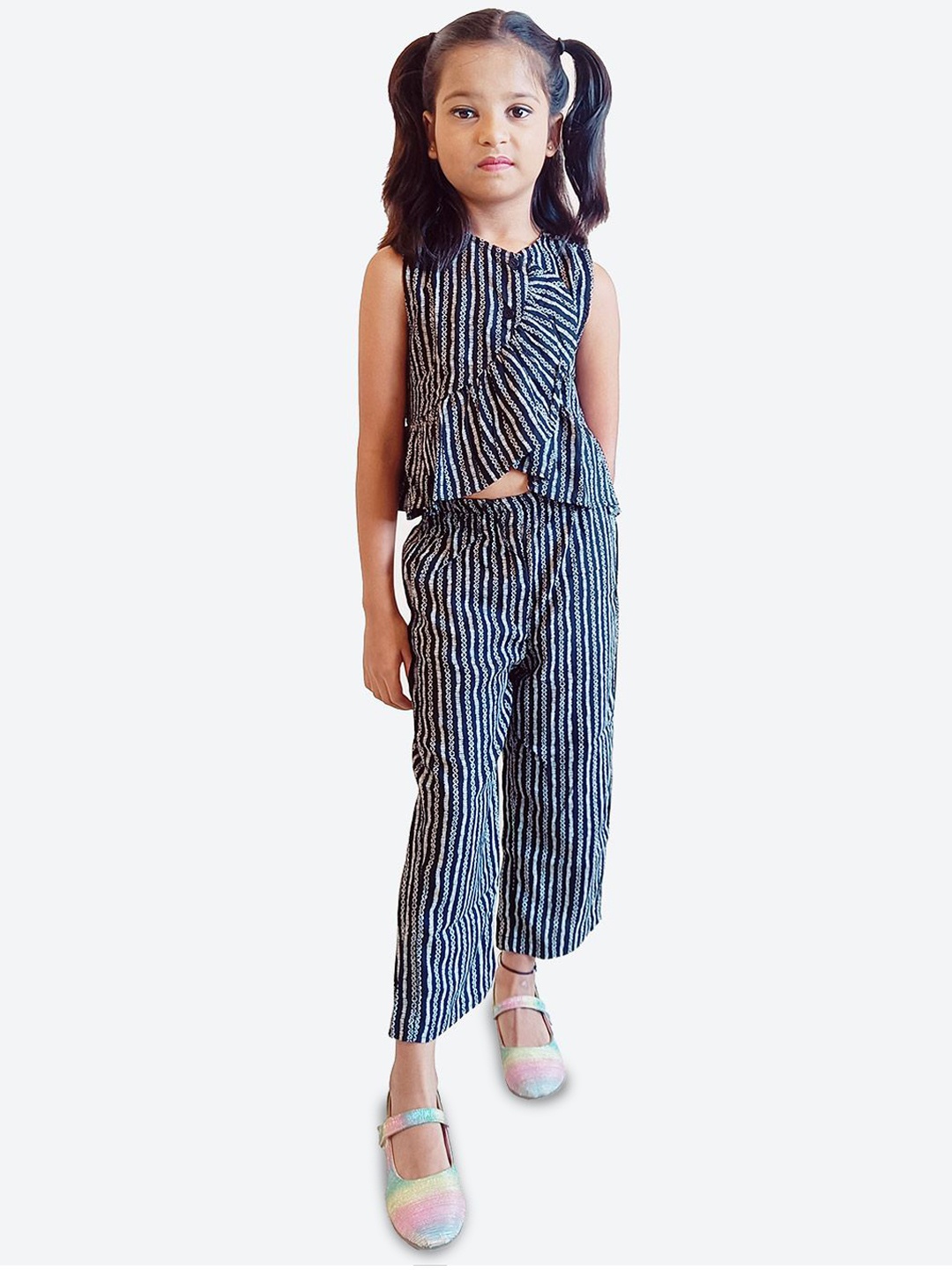 

ShilpShakti Girls Striped Pure Cotton Top with Trousers, Navy blue