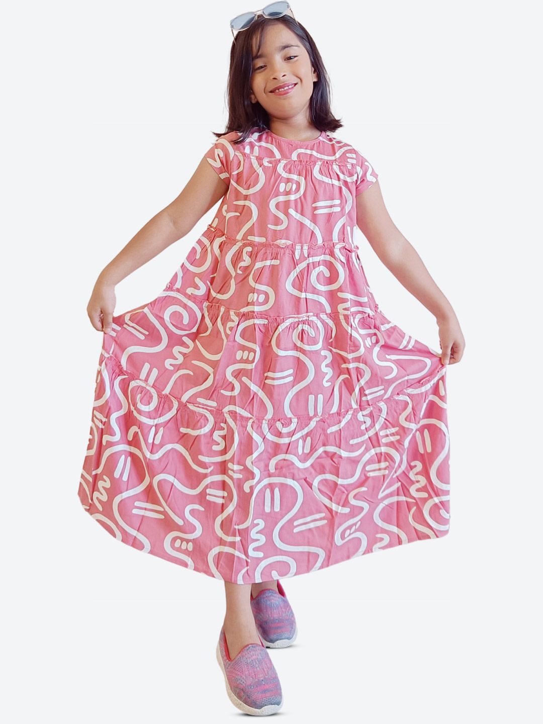 

ShilpShakti Girls Printed A-Line Midi Dress, Pink
