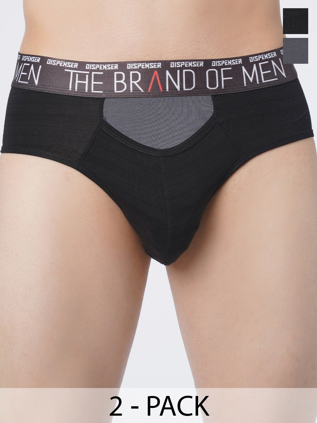 

DISPENSER Pack Of 2 Men Stretchable Mid-Rise Basic Briefs- S4-Brief-Black-Grey-M