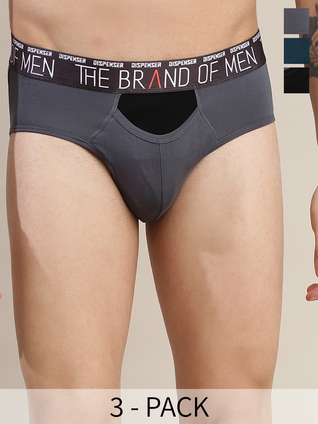 

DISPENSER Men Pack Of 3 Stretchable Mid-Rise Basic Briefs S4-Brief-Black-Teal-Grey-L