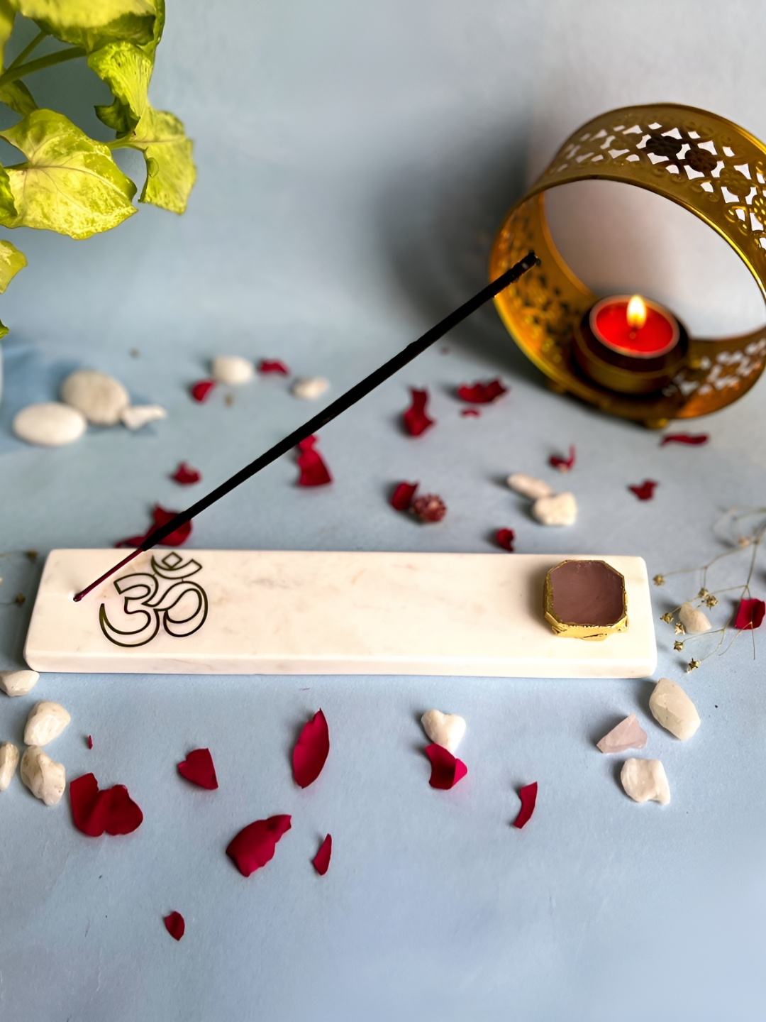 

HOMEARTE Pink & Off White Quartz OM Incense Stick Holder