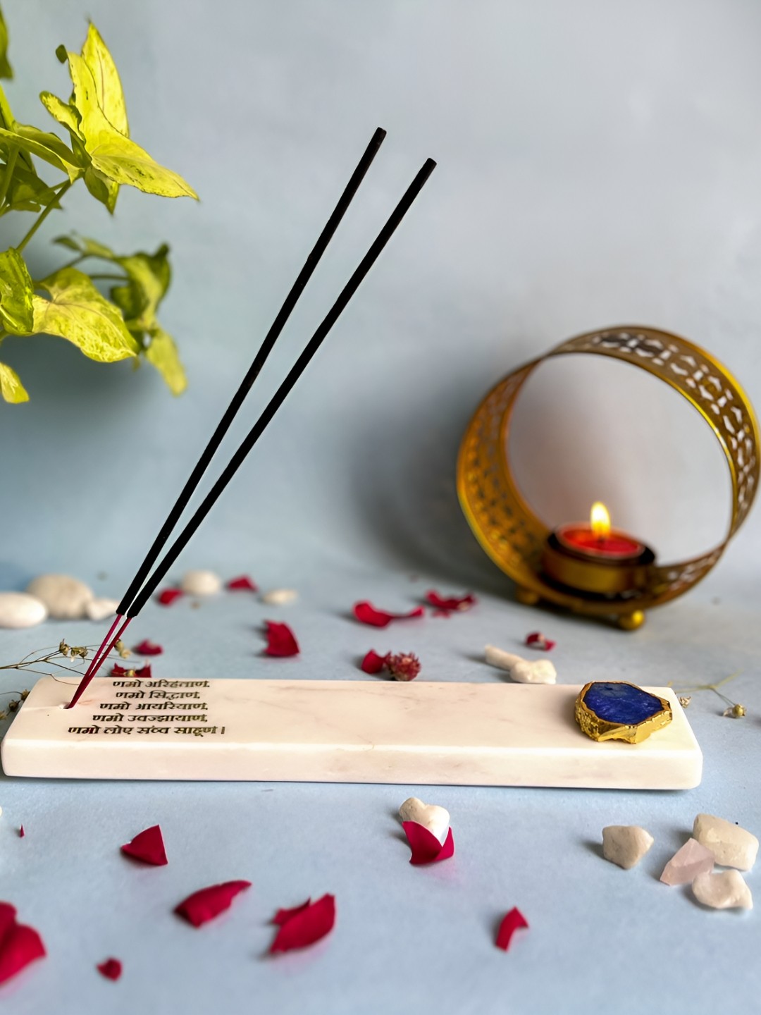 

HOMEARTE Beige & Blue Namokar Mantra Printed Incense Stick Holder