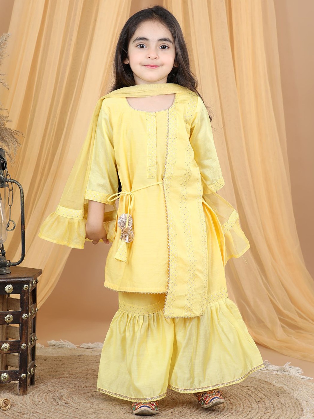 

Sangria Girls Yellow Round Neck Straight Kurta & Sharara With Dupatta