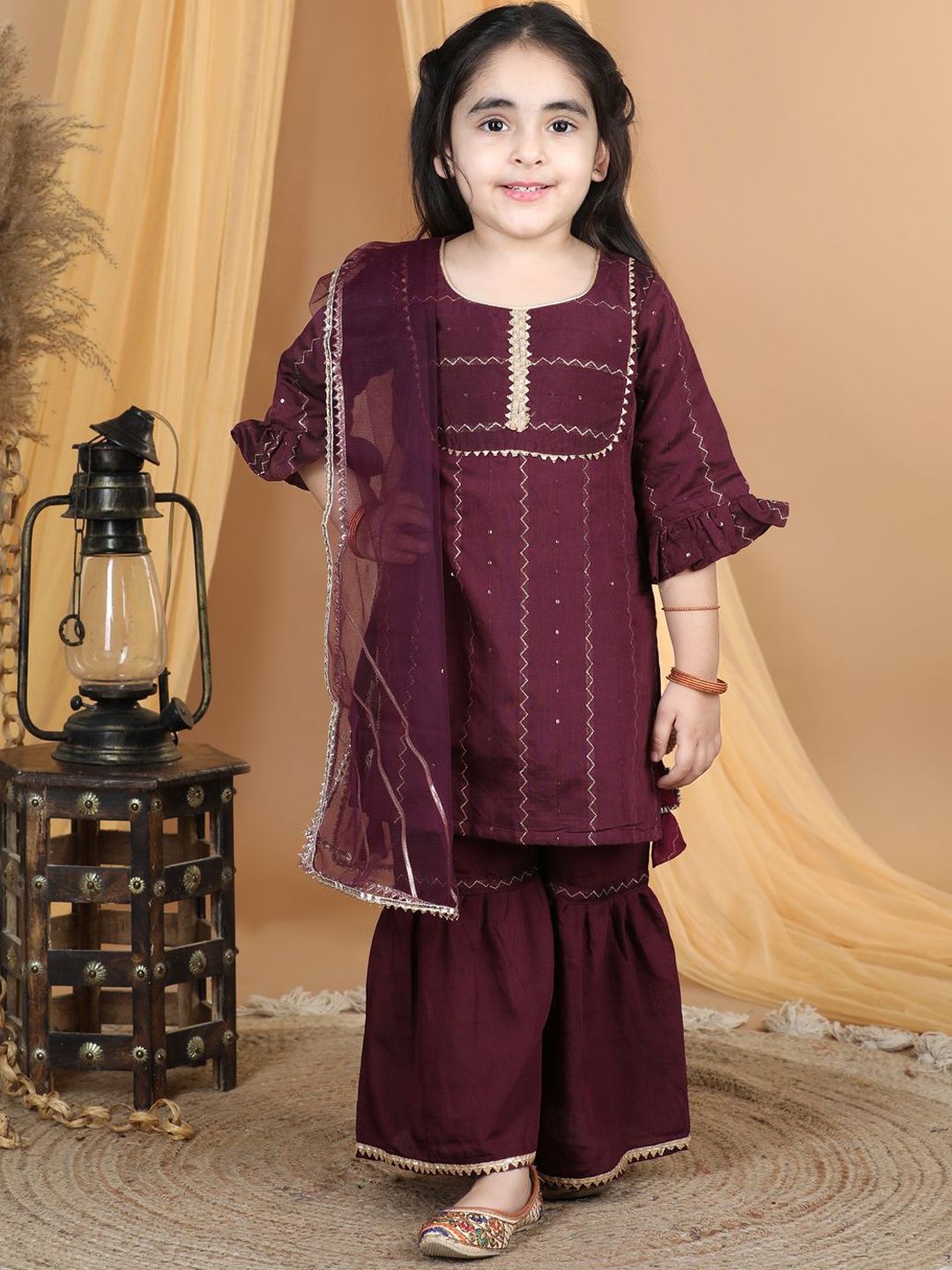 

Sangria Purple Girls Embroidered Pure Cotton Straight Kurta With Bottom & Duppatta