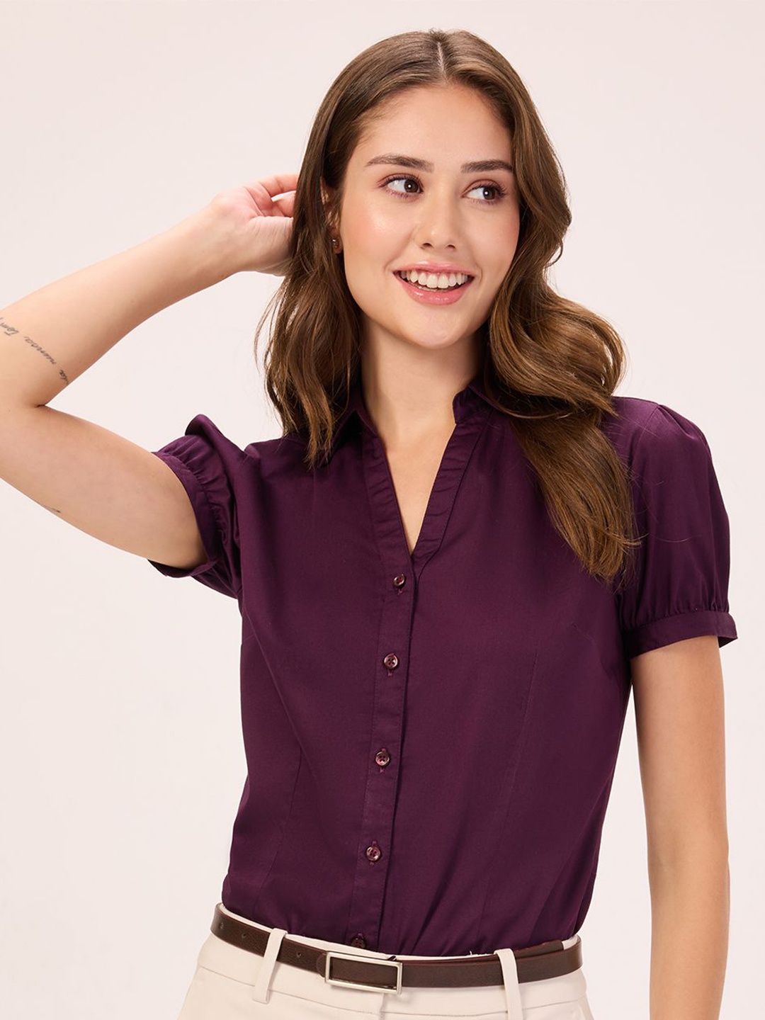 

Bombay High Women India Slim Fit Opaque Semiformal Shirt, Purple