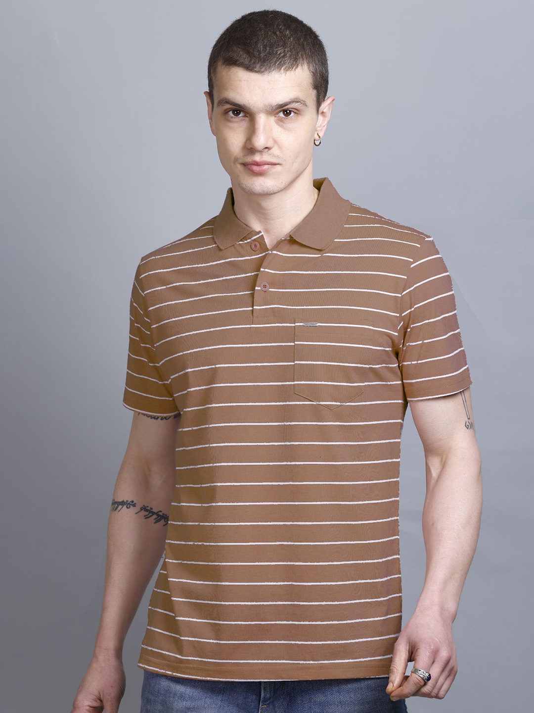 

GODFREY Men Striped Polo Collar Pockets T-shirt, Brown