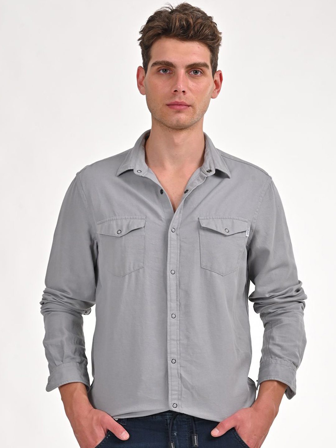 

POE Men Smart Spread Collar Solid Cotton Slim Fit Casual Shirt, Steel