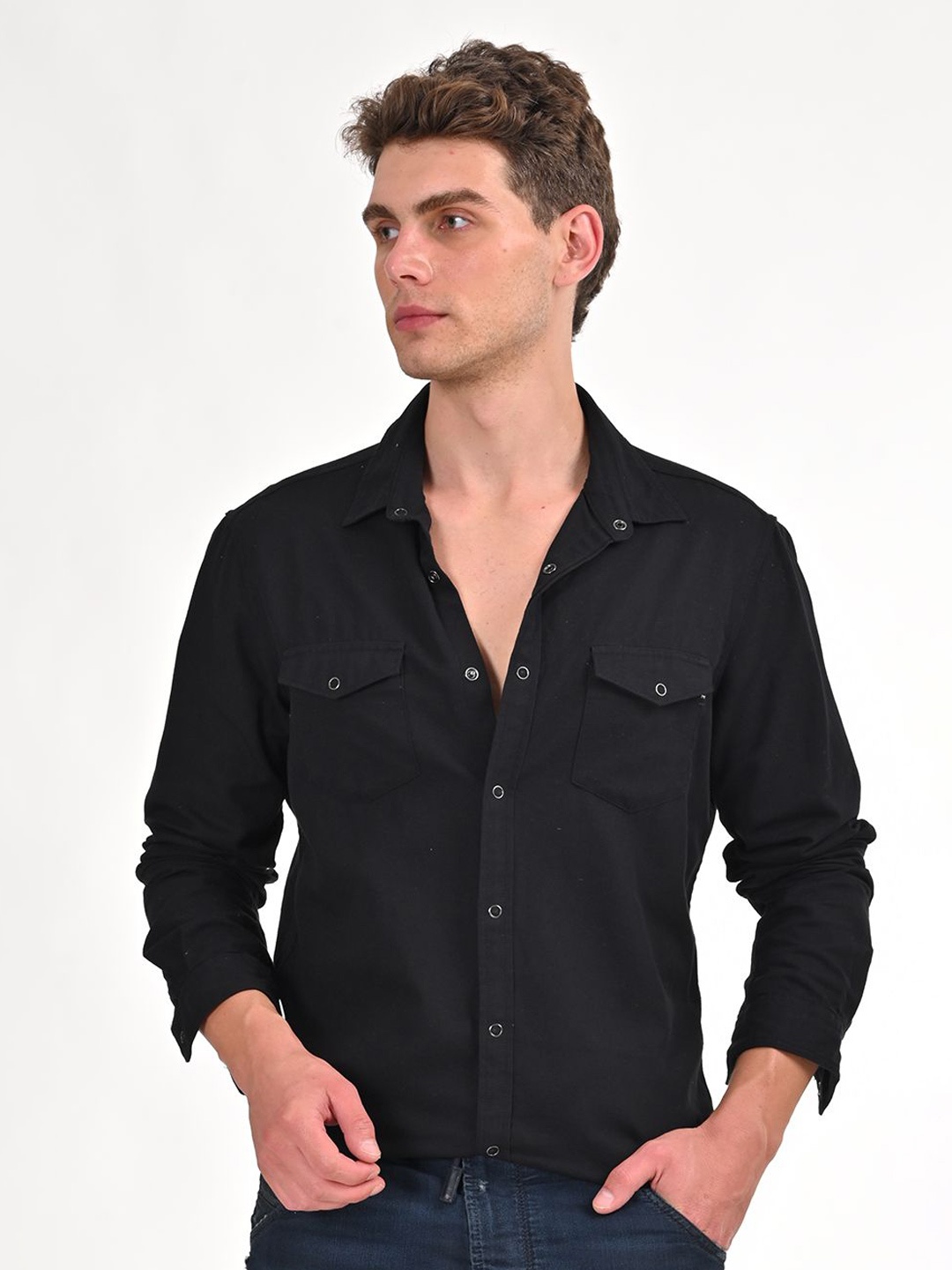 

POE Men Smart Spread Collar Solid Cotton Slim Fit Casual Shirt, Black
