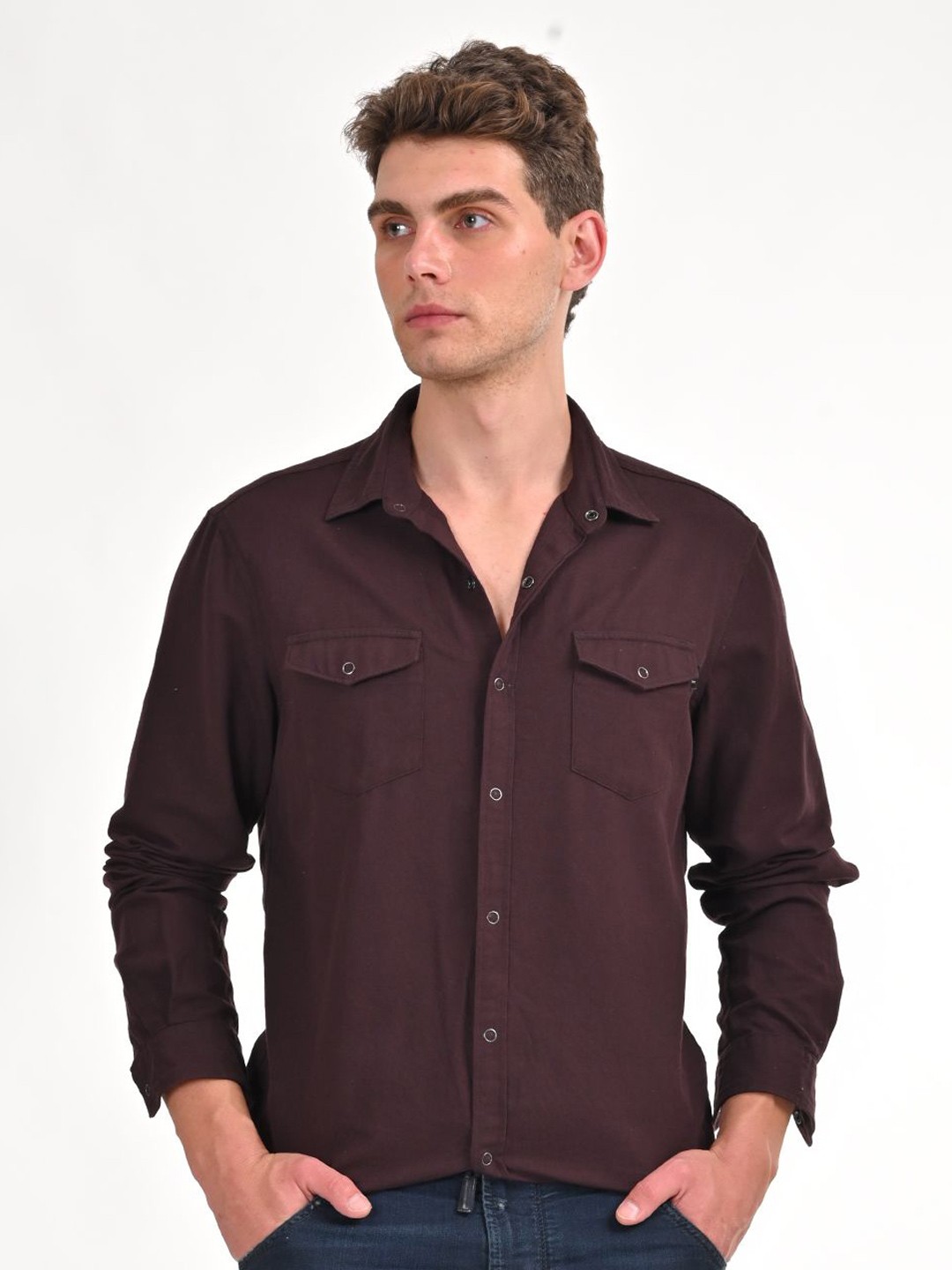 

POE Men Smart Spread Collar Solid Cotton Slim Fit Casual Shirt, Burgundy