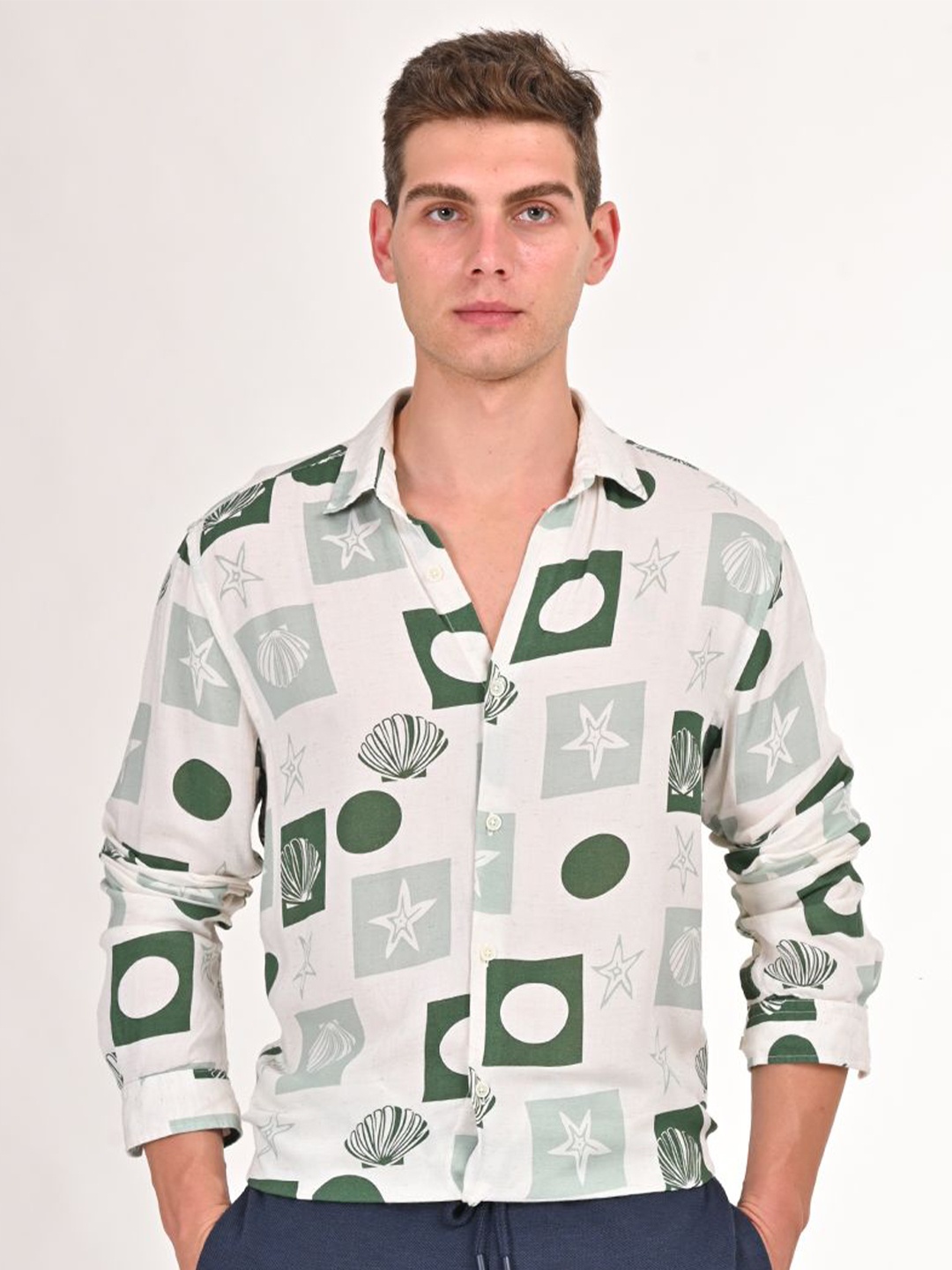 

POE Men Smart Spread Collar Conversational Printed Slim Fit Casual Shirt, Green