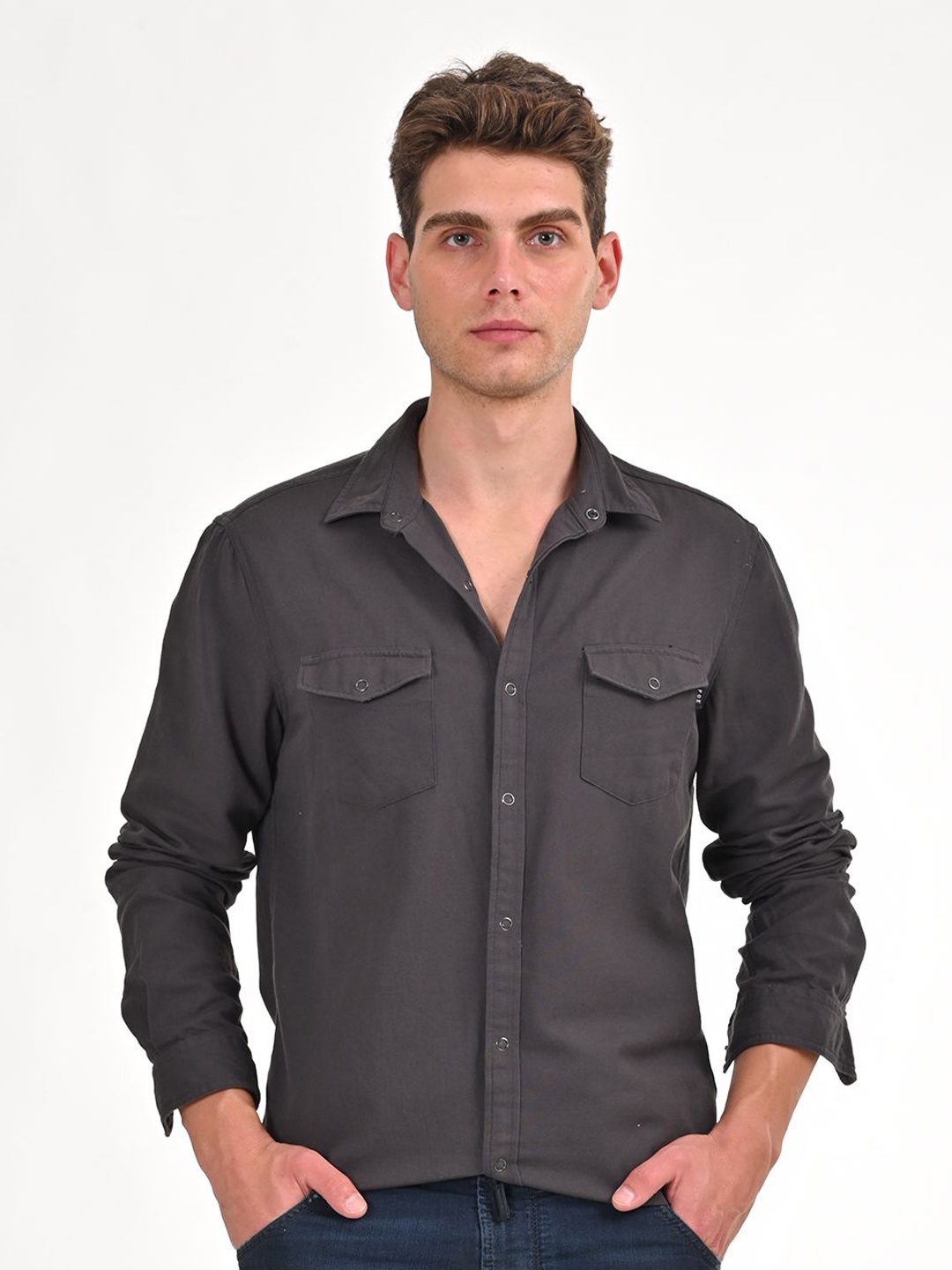 

POE Men Smart Slim Fit Opaque Casual Shirt, Grey