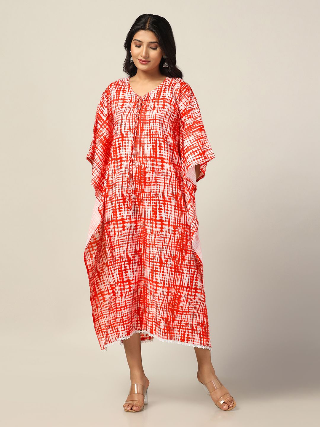 

FASHION DREAM Tie & Dye Printed Kimono Sleeve Kaftan Midi Dress, Orange