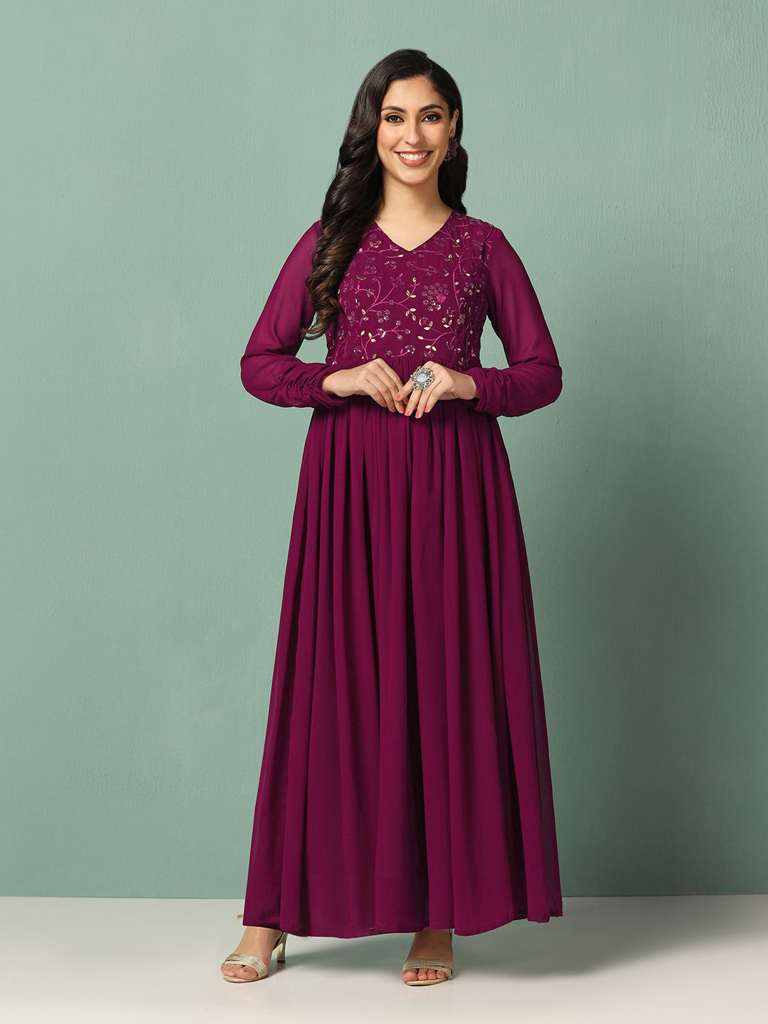 

FASHION DREAM Womens Embroidered Georgette Gathered Maxi Length Dress, Maroon
