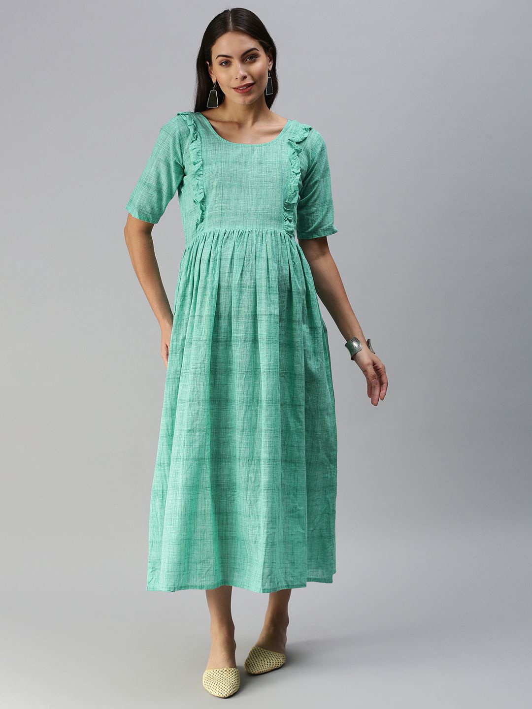 

Swishchick Round Neck Frilled Maternity Midi Dress, Sea green