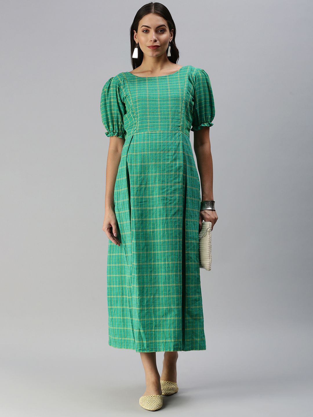 

Swishchick Checked Puff Sleeve Maternity A-Line Midi Dress, Green
