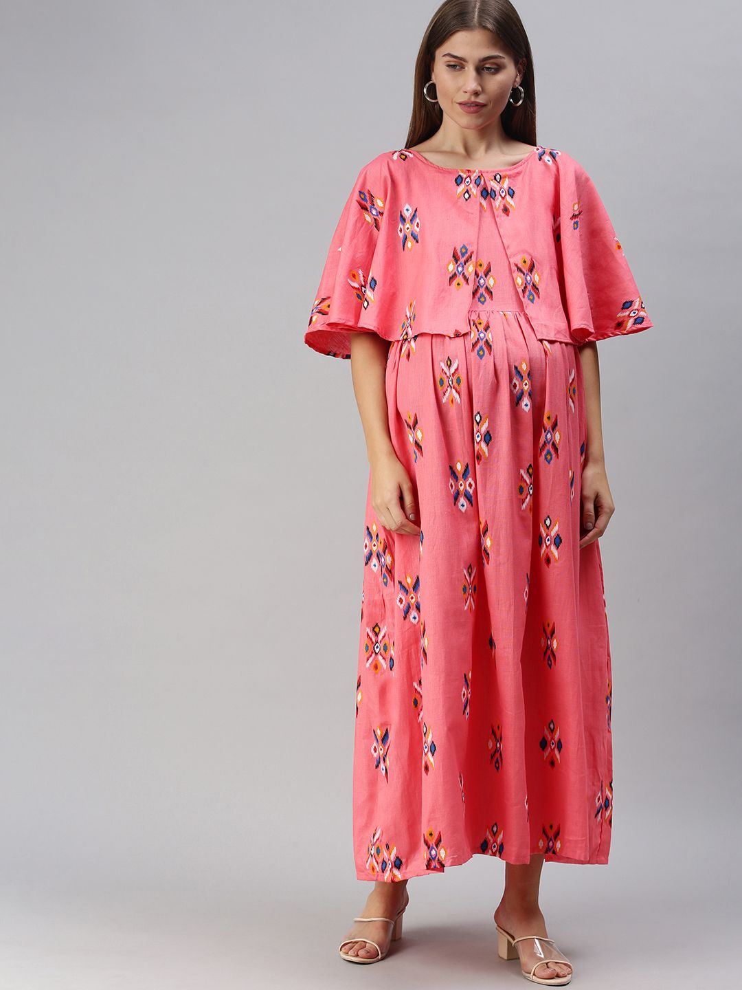 

Swishchick Floral Printed Flared Sleeve Cotton Maternity Maxi Dress, Peach