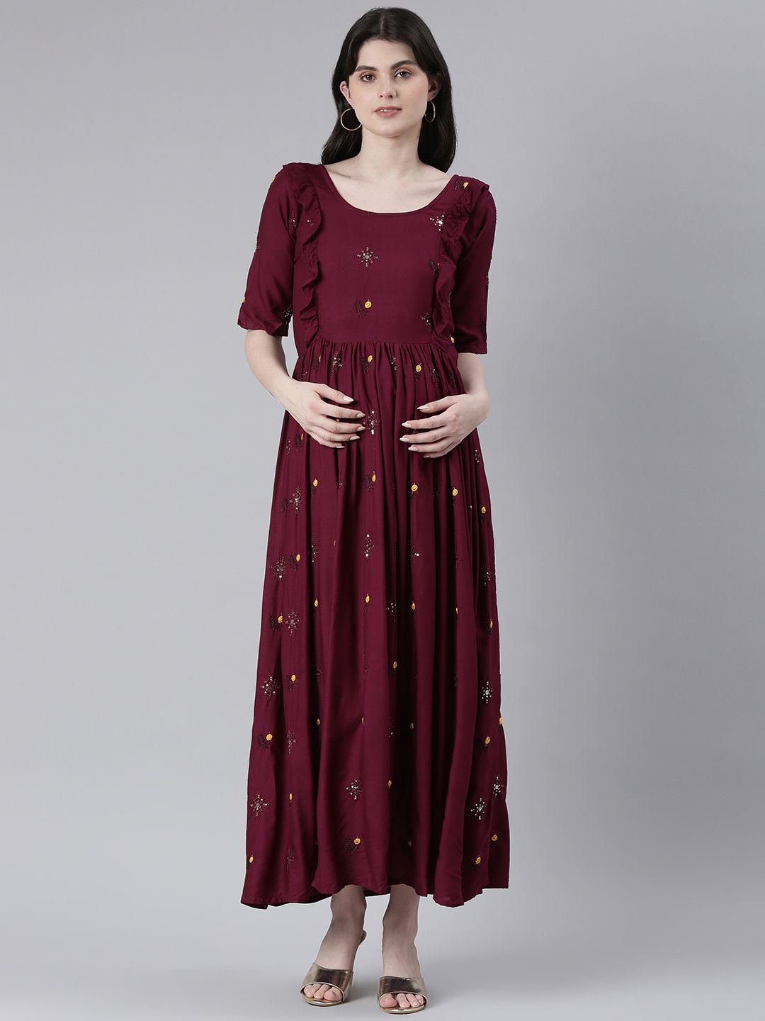 

Swishchick Embroidered Maternity Fit and Flare Midi Dress, Maroon